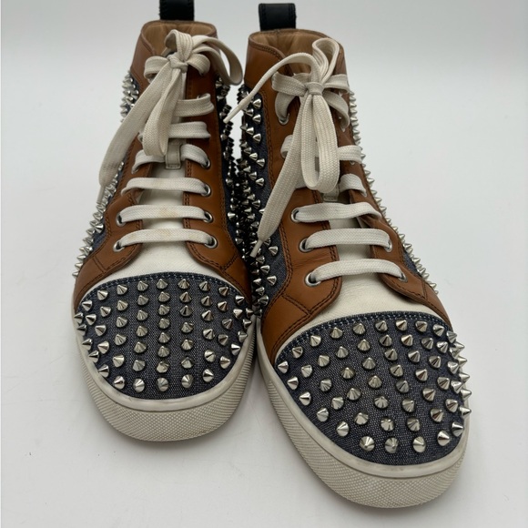 Christian Louboutin Men's Spiked Denim Leather High Top Sneakers - Picture 4 of 7